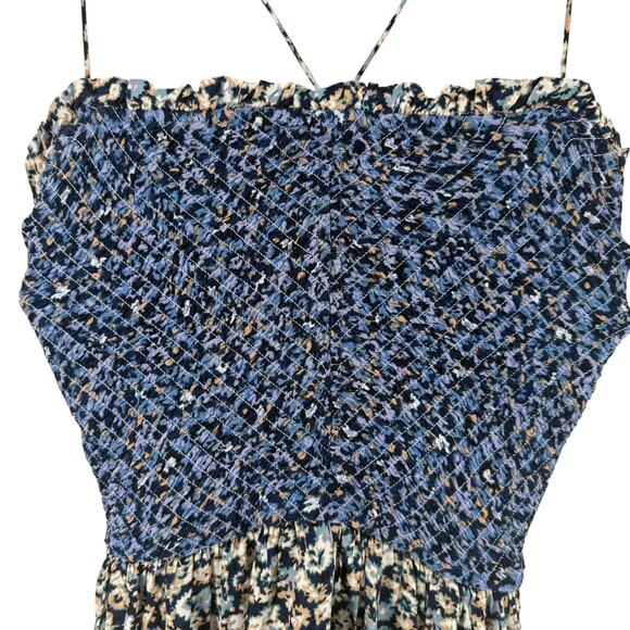 Free People One I Love Dress Denim Combo S Midi Ditsy Floral Blue Smocked Boho - Picture 4 of 10